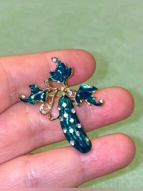 Emerald Green Enamel Cucumber Brooch with Rhinestones